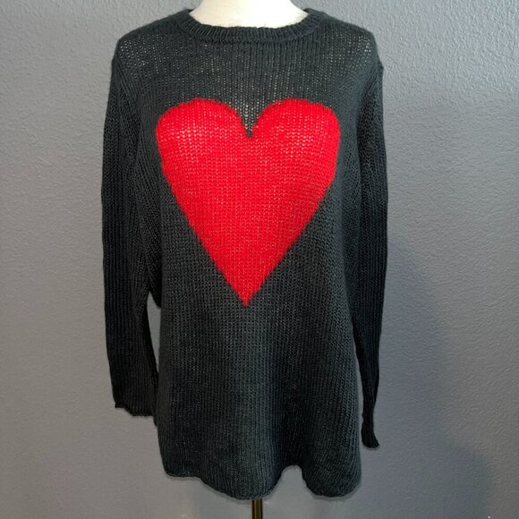 WOODEN SHIPS HEART SWEATER - CHARCOAL & RED LIGHTWEIGHT MOHAIR BLEND Size  M/L - Picture 1 of 8